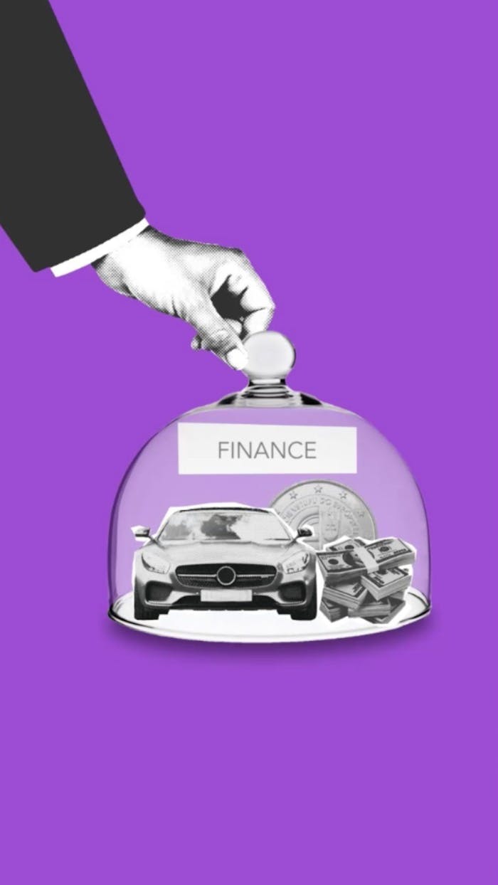 Creative collage showcasing finance themes with car, cash, and coins under a glass dome.